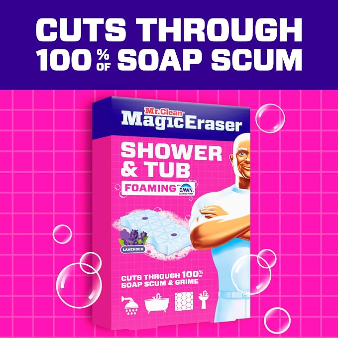 Mr. Clean Magic Eraser Sponge, Bathroom, Shower, Tub Cleaner, Soap Scum Remover, Bathroom Cleaning Supplies, Dawn Cleaning Power with Lavender Scent, Shower & Tub, 8ct