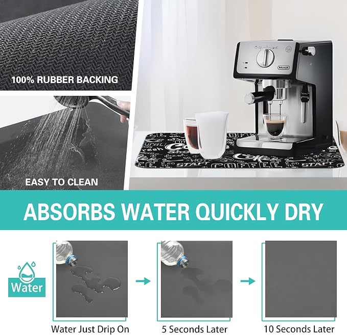 Super Absorbent Anti-Slip Silicone Dish Drying Mats for Kitchen Counter - Draining Pad Decor Gift - Fit Coffee Maker, Espresso Machine - 19inx12in