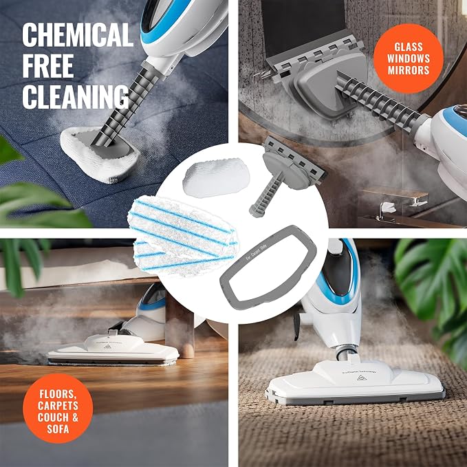 PurSteam 10-in-1 Steam Mop, Floor Steamer with Detachable Handheld Steam Cleaner for Tile, Hardwood Floors | Steam Mop with 10 Accessories | Detachable Steam Cleaner for Hard Floors, Stone, Hardwood, Tile | Washable Dirt Grip Pads