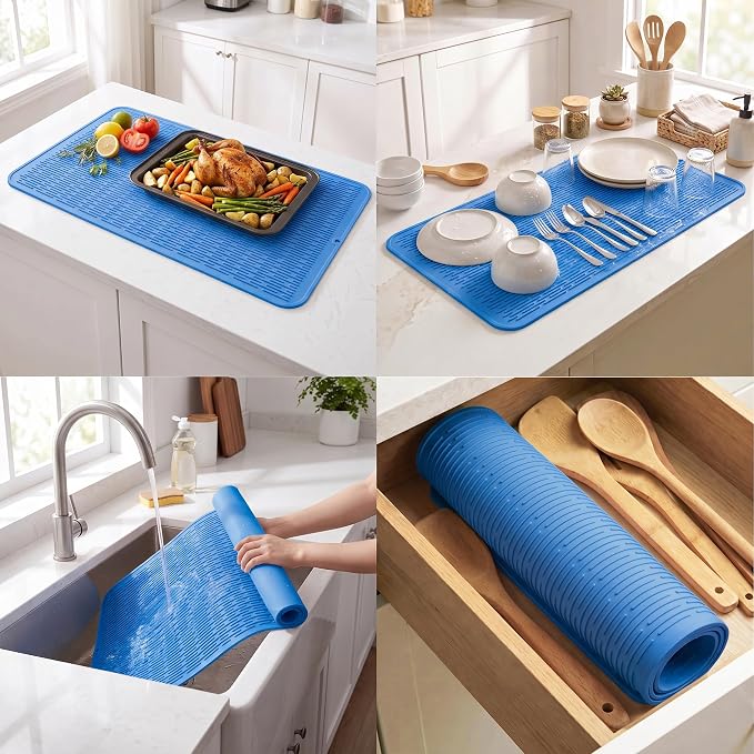 MicoYang Silicone Dish Drying Mat for Multiple Usage,Easy clean,Eco-friendly,Heat-resistant Silicone Mat for Kitchen Counter or Sink,Refrigerator or Drawer Liner Lichen BlueL 5XL 36inches x 18inches