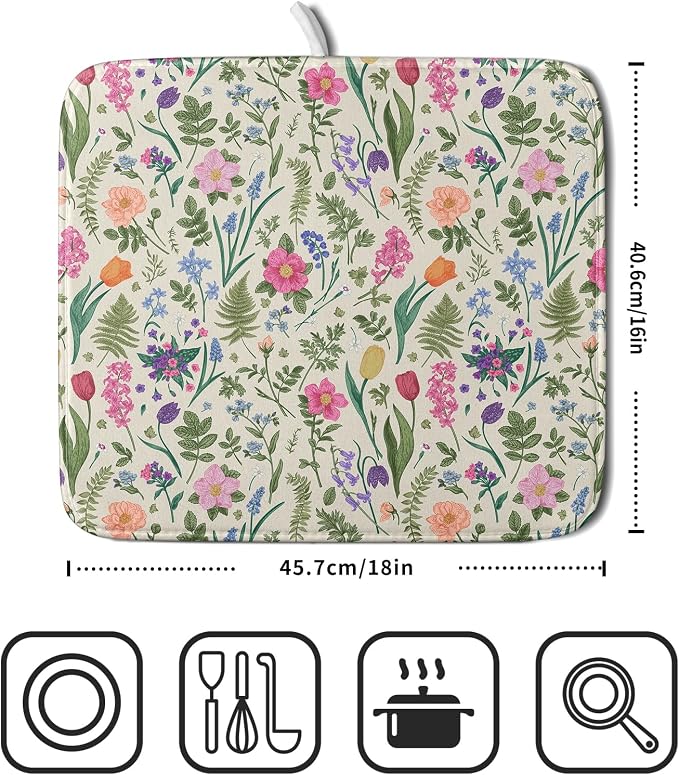 Spring Floral Dish Drying Mat for Kitchen Counter 16x18 Pink Sage Green Flower Vintage Botanical Print Absorbent Reversible Microfiber Drying Mats Kitchen Countertop Protector Dishes Drainer Rack Pad