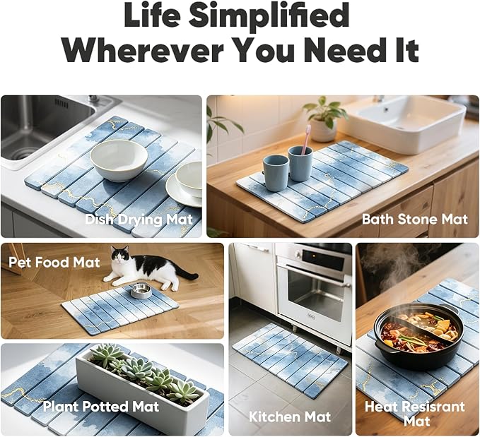Stone Drying Mat for Kitchen Counter, Quick Diatomaceous Earth Mats for Dishes, 24"L x 16" W Super Absorbent Fast-Drying Collapsible Countertop Stone Mat (Marble White Blue, 24" x 16")