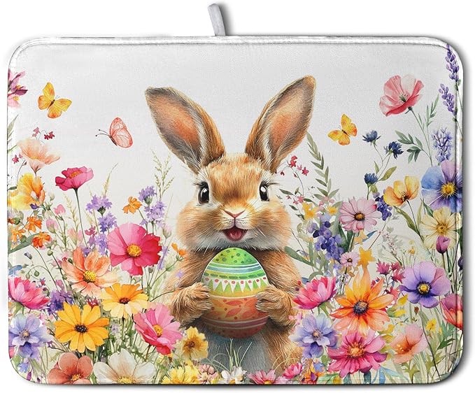 Spring Easter Dish Drying Mat for Kitchen Counter Easter Bunny Rabbit Eggs Flowers Dishes Drainer Mats 18x24 Microfiber Absorbent Large Dish Drying Pad for Kitchen Countertop Tableware Decor