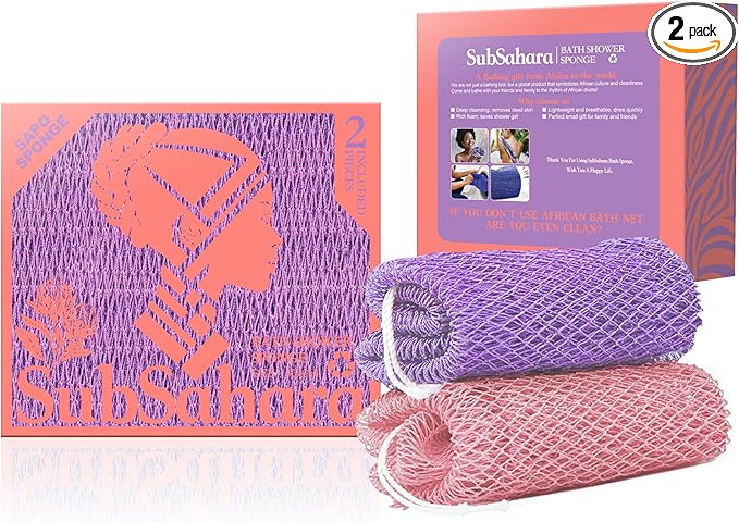 SubSahara Authentic African Net Sponge - 2 Pack Exfoliating Bath & Shower Loofah Sponge for Body & Face, Gentle Scrubber for All Skin Types, Travel, Durable (Blush Pink & Lavender Purple)