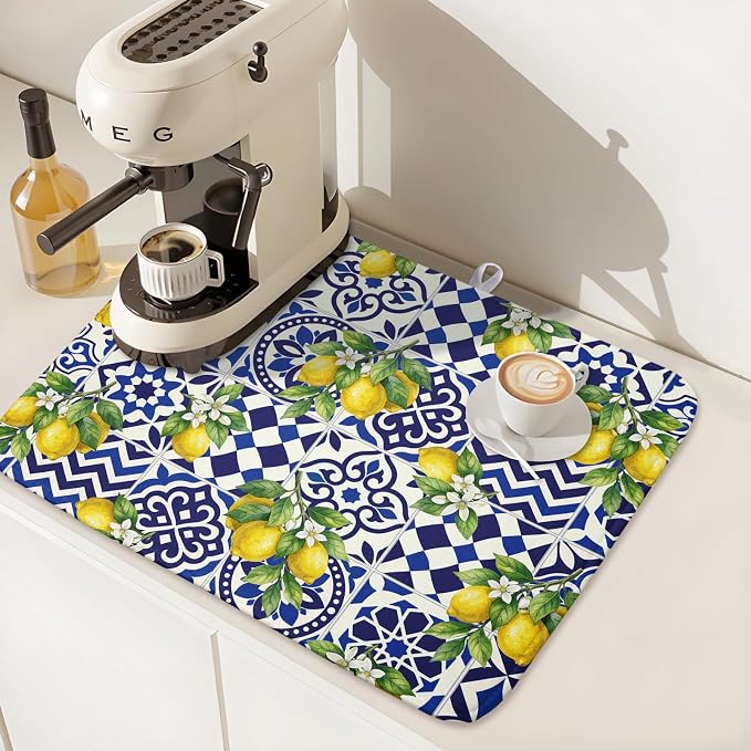 Lemon and Blue Tile Dish Drying Mat 16x18 Inch Absorbent Reversible Mexican Tilt Drying Mat Blue White Italy Lemons Dish Drying Rack Mat Summer Themed Dish Drainer Mat for Kitchen Counter Coffee Bar