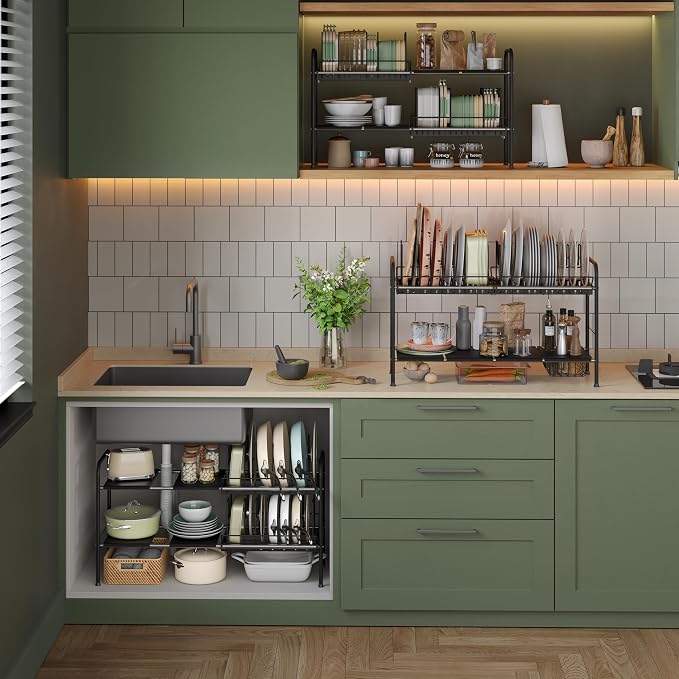 NETEL Adjustable Under Sink Organizers and Storage,Pots and Pans Organizer Under Kitchen Cabinet,Pan Lid Organizers Inside Cabinet,Expandable Cabinet Storage Shelf with Pan Rack and 14 Dividers