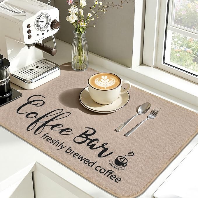 Findosom Dish Drying Mat, 17"x 32" Super Absorbent & Hide Stain Coffee Mat, Cuttable Drying Mat for Kitchen Counter, Coffee Bar Accessories, Under Dish Rack, Coffee Maker, Espresso Machine, Linen