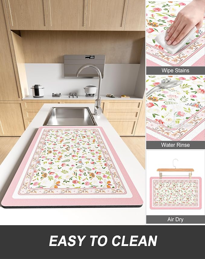 Rnivvi Dish Drying Mat for Kitchen Counter, 12 x 19" Cute Flower Theme Super Absorbent Draining Pad, Non-Slip Heat Resistant Coffee Bar Mats for Coffee Machine Station Accessories, Pink Dish Rack Pad