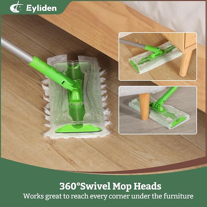 Eyliden Sweeper Mop with 36 Refills, 3 Types of Disposable Dry & Wet Cloths | Lock-Tight Design No Lost Pads, Universal Refills, Multi-Surface Sweeping Starter Kit for Pet Hair, Dust, Floor Cleaning
