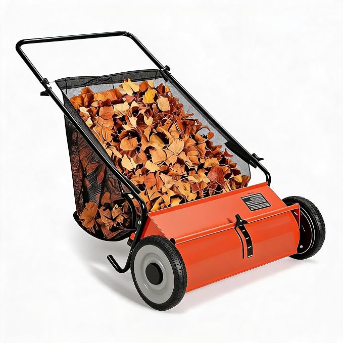 Garvee 26" Push Lawn Sweeper, 7 Cu. Ft. Hopper Capacity Grass Sweeper, Manual Push Yard Sweeper with Height Adjustment & Spinning Brushes, Heavy Duty Lawn Sweeper with Steel Wheels, Orange | Manual Push Yard Sweeper with Height Adjustment & Spinning Br...