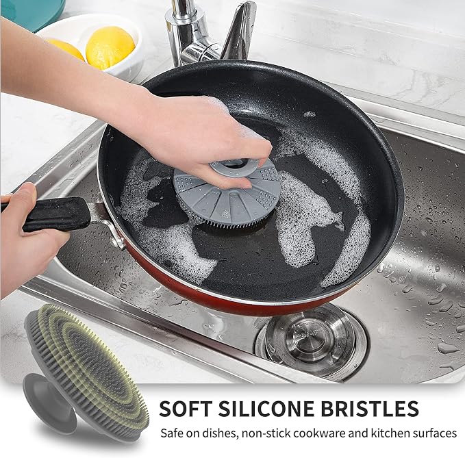 Silicone Dish Scrubber, Non-Scratch Scrub Spong for Washing Dish, Pot, Pan | Kitchen Silicone Sponge, Fruit & Vegetable Cleaning Brush, Reusable Dishwashing Scrubber, Suction Up Hang Designed, 3 Pack