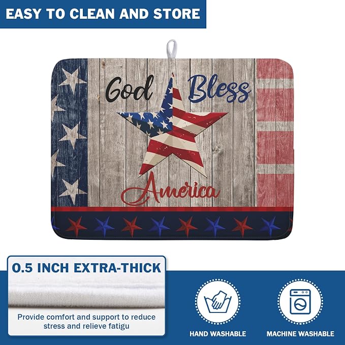 Kawani 4th of July Dish Drying Mat 18x24 Inch Patriotic God Bless America Memorial Kitchen Mats Independence Day Absorbent Dishes Pad for Kitchen Counter USA Star Drying Mat Home Decor for Countertop