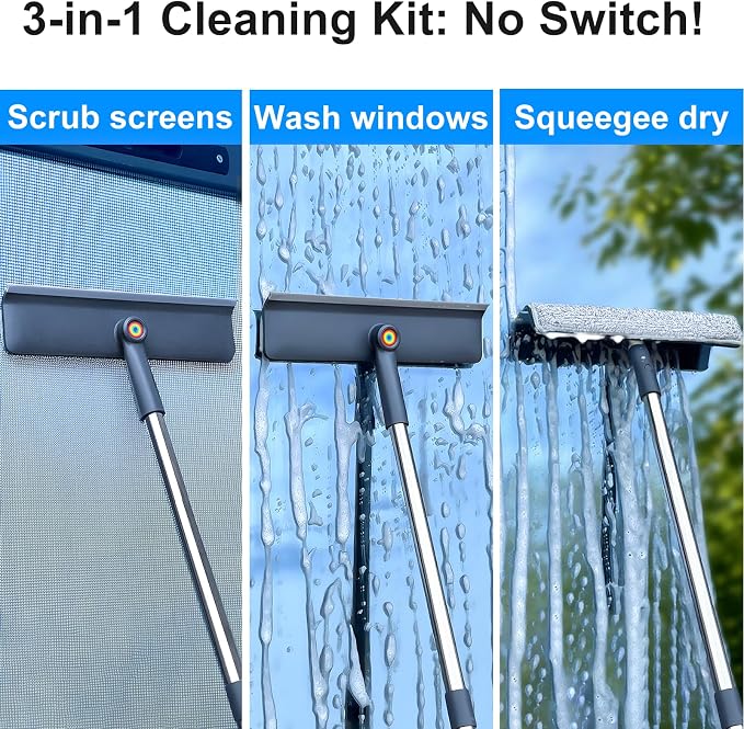 3-in-1 Window Squeegee for Home - 60" Window Cleaning Kit with 3 Microfiber Cloths & Screen Brush, All-in-1 Cleaner Tool for Outdoor Windows, Glass Door & Screens, Lightweight & Easy Storage