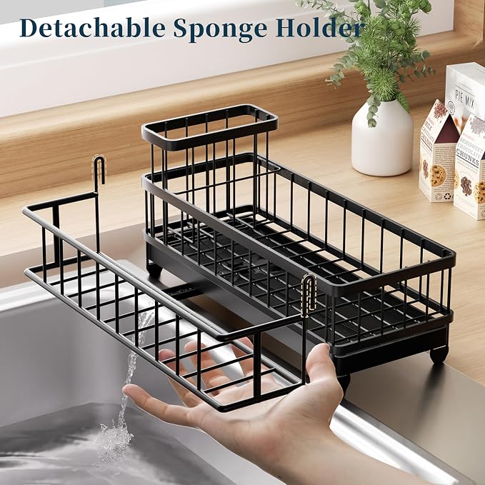 Consumest Sponge Holder for Kitchen Sink - Auto Draining Sink Caddy Organizer with Detachable Rack, High Brush Holder, Kitchen Countertop Storage Accessories, Black-Large