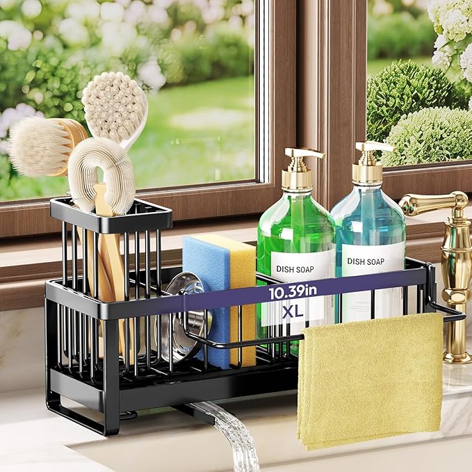 SWTYMIKI Sponge Holder for Kitchen Sink - Sink Caddy with Brush Holder Self-draining Sponge Caddy Organizer with Divider Stainless Steel Kitchen Accessories Storage for Countertop, Black - Large