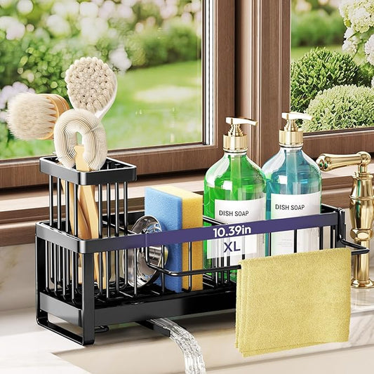 SWTYMIKI Sponge Holder for Kitchen Sink - Sink Caddy with Brush Holder Self-draining Sponge Caddy Organizer with Divider Stainless Steel Kitchen Accessories Storage for Countertop, Black - Large