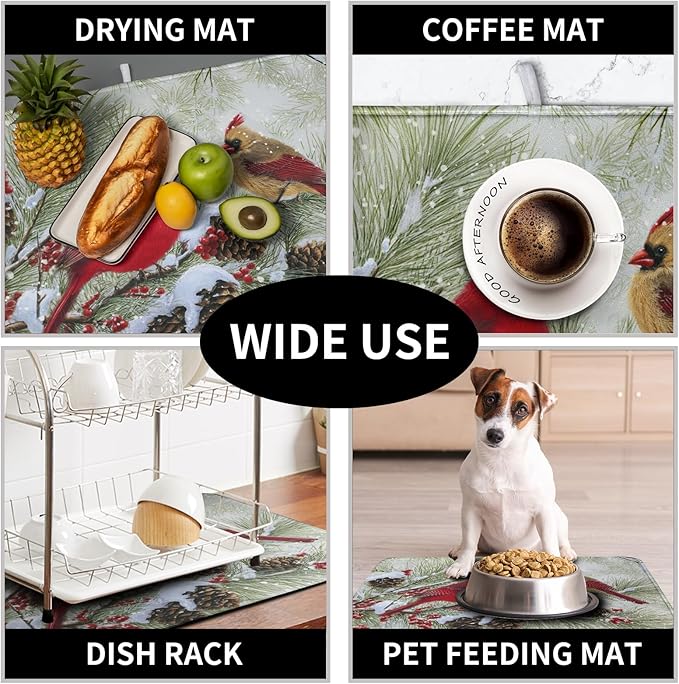 Winter Dish Drying Mat for Kitchen Counter 16x18 Inch Christmas Red Birds Drying Mats Xmas Holiday Microfiber Absorbent Dishes Drainer Mats Cardinal Dish Rack Pad