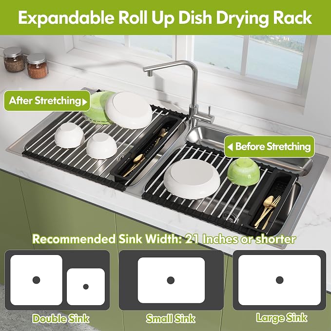 JASIWAY Roll Up Dish Drying Rack, Expandable (12.8"-23.8" D x 15.5" W) Stainless Steel Portable Drainer for Kitchen Sink Counter, Foldable Over The Sink Cover with Removable Utensil Holder, Black