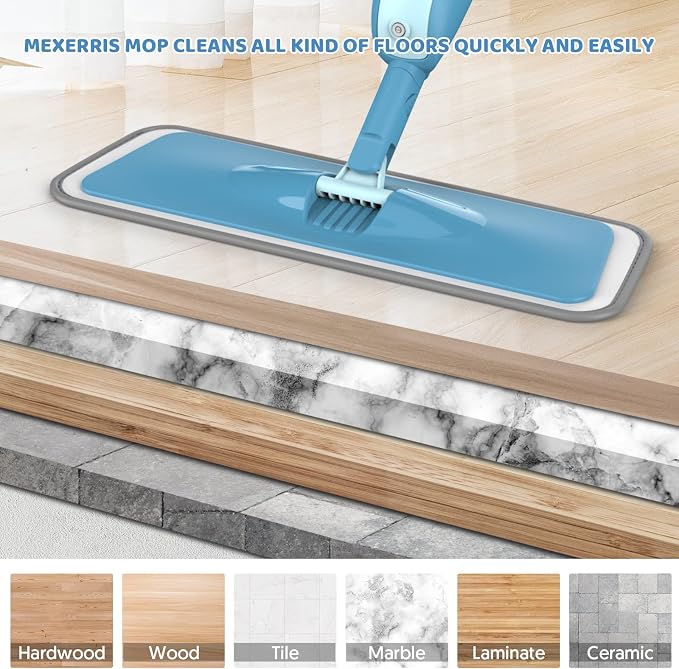 Spray Mops for Hardwood Floor Cleaning: MEXERRIS Wet Mops with 2 Bottles - Floor Mop with 4 Reusable Washable Pads for Swiffer Powermop - Dust Dry Mops with Spray for Laminate Wood Vinyl Tiles