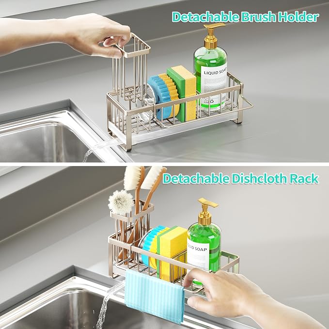 HapiRm Sponge Holder for Kitchen Sink - Self-draining Sink Caddy with Brush Holder and Dishcloth Holder, Stainless Steel Kitchen Organizer for Countertop - Brushed Nickel