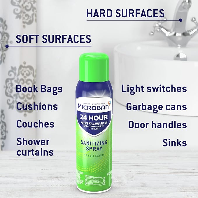 MICROBAN Disinfectant Spray, 24 Hour Sanitizing and Antibacterial Spray, Sanitizing Spray, Fresh Scent, 2 Count (15oz Each)
