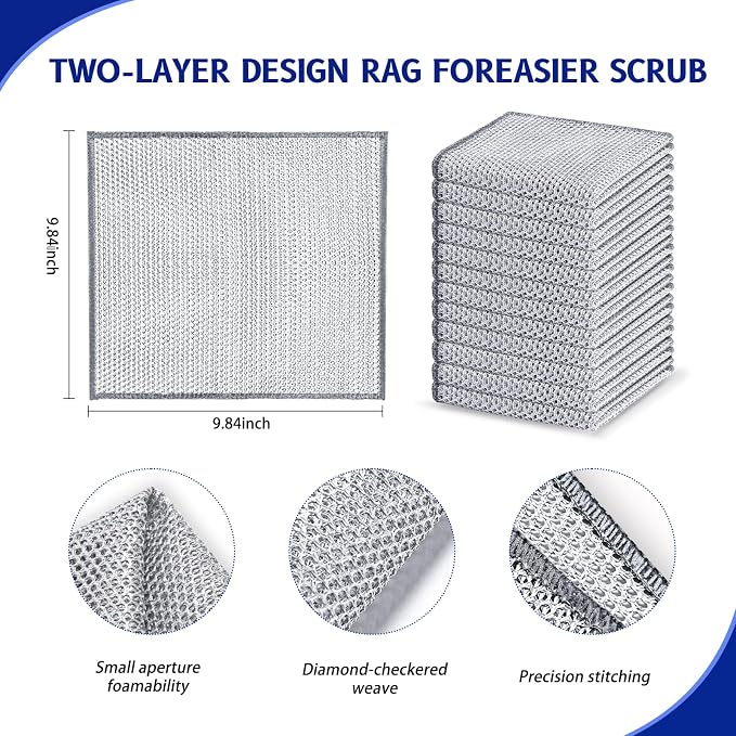 Wangjinpeng 12PCS Non-Scratch Multipurpose Steel Wire Dishcloths - Reusable Quick-Dry Odor-Free Scrub Cloths for Dishes, Kitchen Cleaning Cloths for Cookware, Sinks, Stove Tops(9.84X9.84)