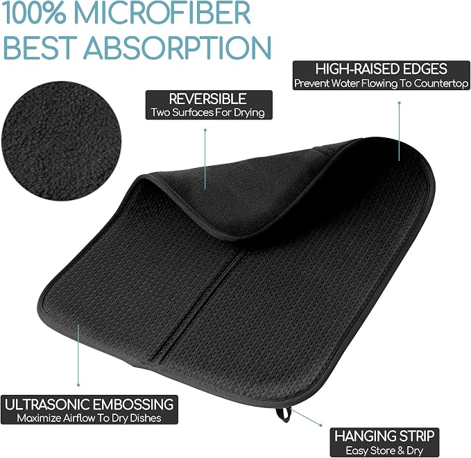 2 Pack Dish Drying Mat, Microfiber Dish Drainer Mat 16x18 inch Large Size Dish Drying Pad, Ultra Absorbent Dish Drying Mats for Kitchen Counter, Coffee, Rack