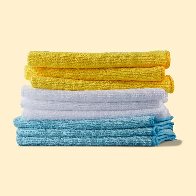 Amazon Basics Microfiber Cleaning Cloths, Ultra Absorbent, Scratch-Free, Highly Absorbent, Non-Abrasive, Reusable and Washable, 16" x 12", Blue/White/Yellow, (Pack of 288)