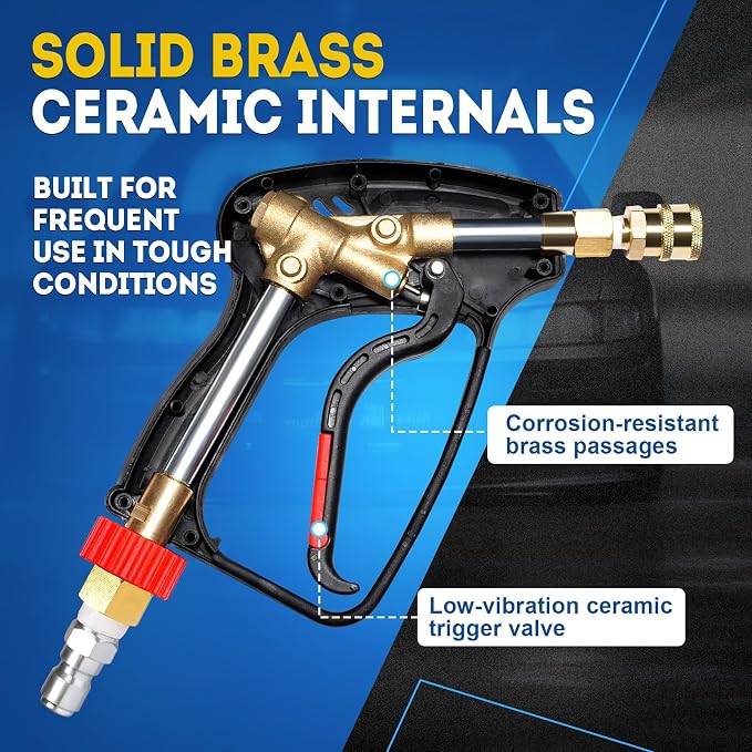 TOOLCY Pro Short Pressure Washer Gun 5000 PSI with 360° Swivel,3/8" Quick Connect Inlet, Power Washer Gun with 1/4" Quick Connect Outlet, Includes 3/8" QC to M22-14mm Adapter & 5 Nozzle Tips