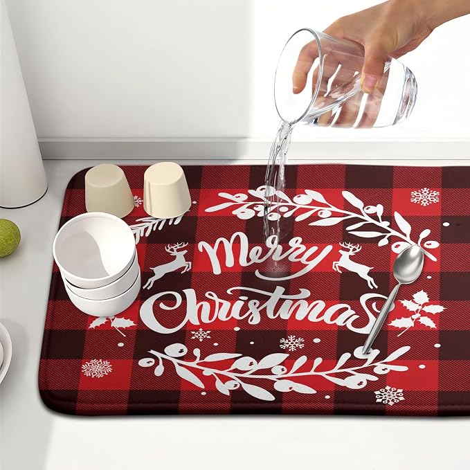 Merry Christmas Dish Drying Mat for Kitchen Counter, Red Buffalo Plaid Kitchen Drying Mat Microfiber Absorbent Dishes Pad Winter Xmas Dish Drainer Rack Mats Fast Dry Kitchen Accessories 16”x18”