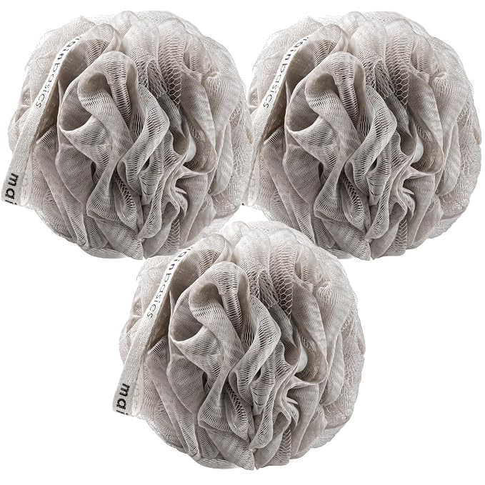 MainBasics Shower Loofah Sponge Pouf, Set of 3, Totally Taupe | Soft Mesh Body Scrubber and Bath Sponge for Gentle Exfoliation, Rich Lather, and Everyday Shower Use
