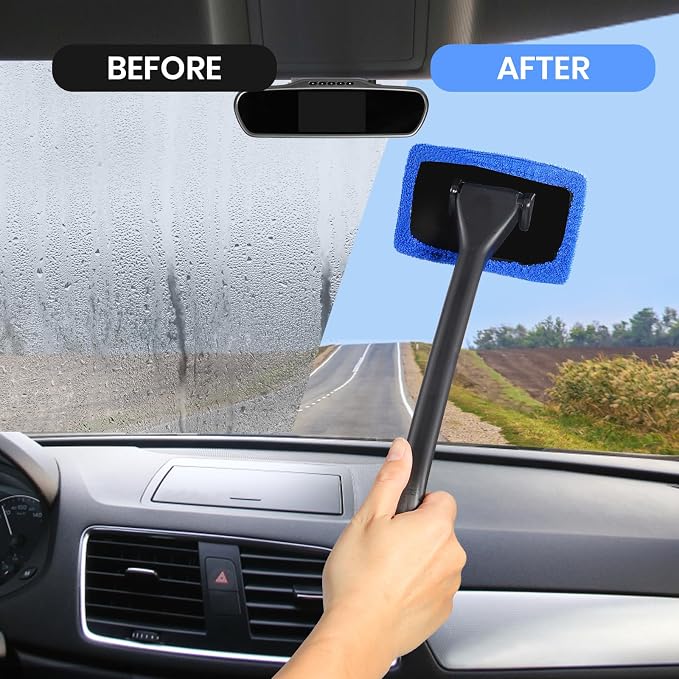 6PCS Windshield Cleaning Tool Car Window Cleaner with 5 Reusable and Washable Microfiber Pads and Extendable Handle Auto Inside Glass Wiper Kit Green (Blue)