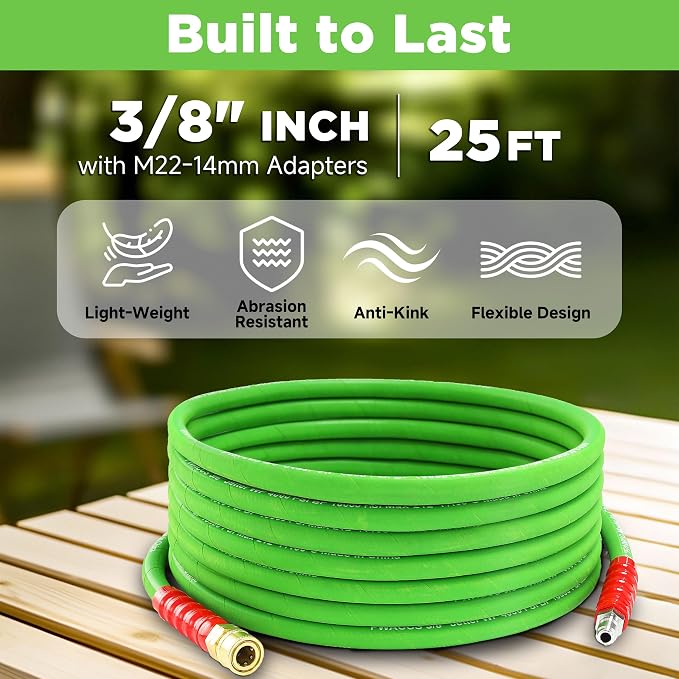 PWACCS 25FT Pressure Washer Hose, 3/8" Kink-Resistant for Hot/Cold Water | Steel Wire Braided Power Washer Hoses, 4000 PSI, M22-14 Fittings, For Cars, Patios, Siding & Outdoor Equipment