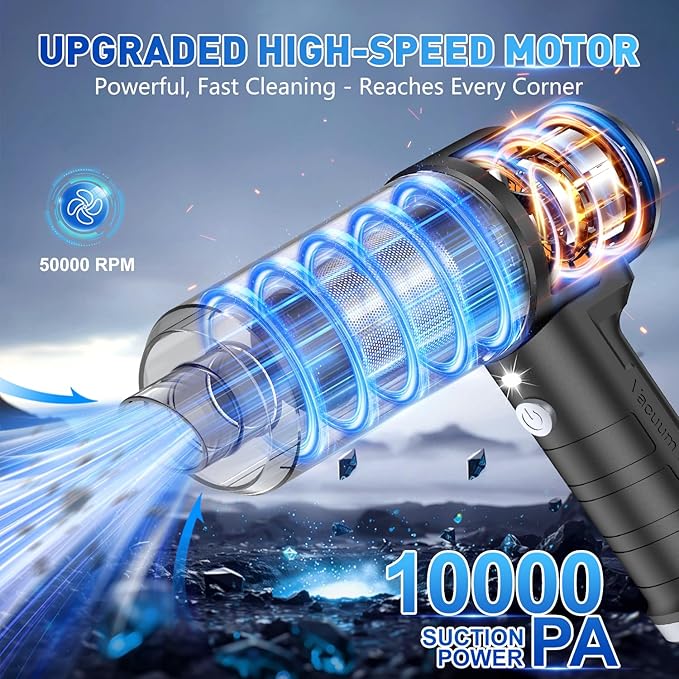 KMM Handheld Car Vacuum Cleaner, 10000PA Hand Held Vacuum & Air Duster | Strong Suction, Cordless, 120W High Power, Portable, Multi-Nozzles & LED Light, for Home, Car, Office