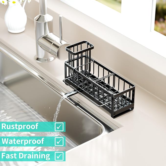 HapiRm Sponge Holder for Kitchen Sink - Self-draining Sink Caddy with Brush and Dishcloth Holders, Stainless Steel Kitchen Countertop Organizers and Storage Essentials - Black
