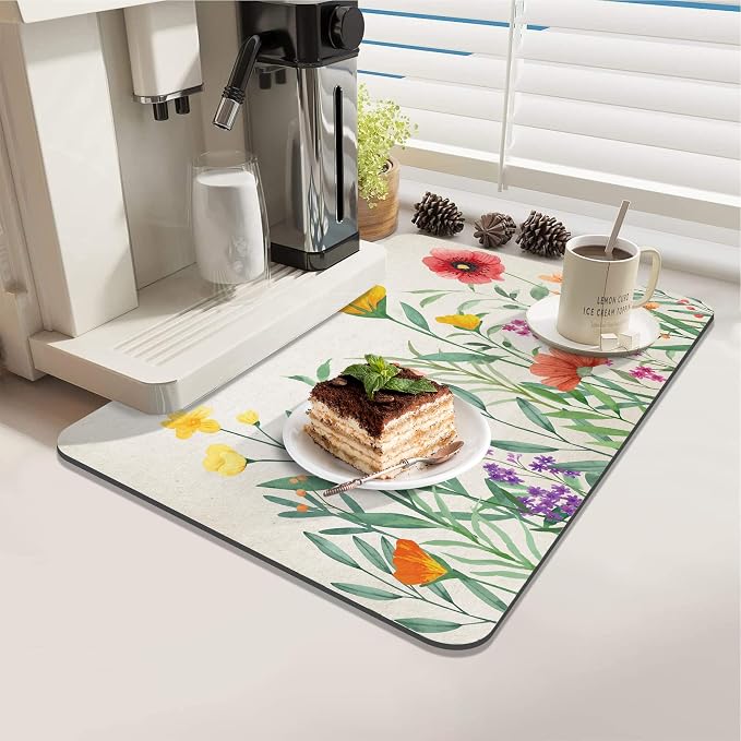 LOKHOM Dish Drying Mat for Kitchen Counter, 12"x20" Absorbent Coffee Bar Mat with Spring Floral, Dish Drainer Rack Mat for Kitchen Counter Coffee Maker, Dining Room Decoration