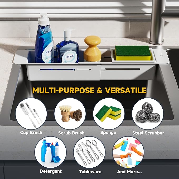 NiHome Extendable Over Sink Kitchen Organizer, Small Telescopic Brush Storage Rack for Sponge, Non-Slip Pads Expandable Sink Caddy, Adjustable Sponge/Brush Rack with Drainage Durable ABS (Gray)
