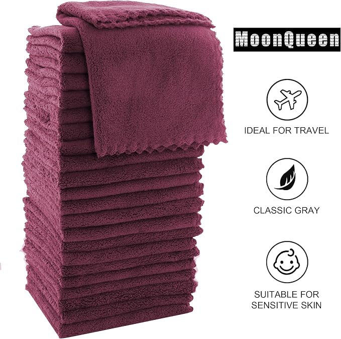 MOONQUEEN Ultra Soft Premium Washcloths Set - 12 x 12 inches - 72 Pack - Quick Drying - Highly Absorbent Coral Velvet Bathroom Wash Clothes (Burgundy)