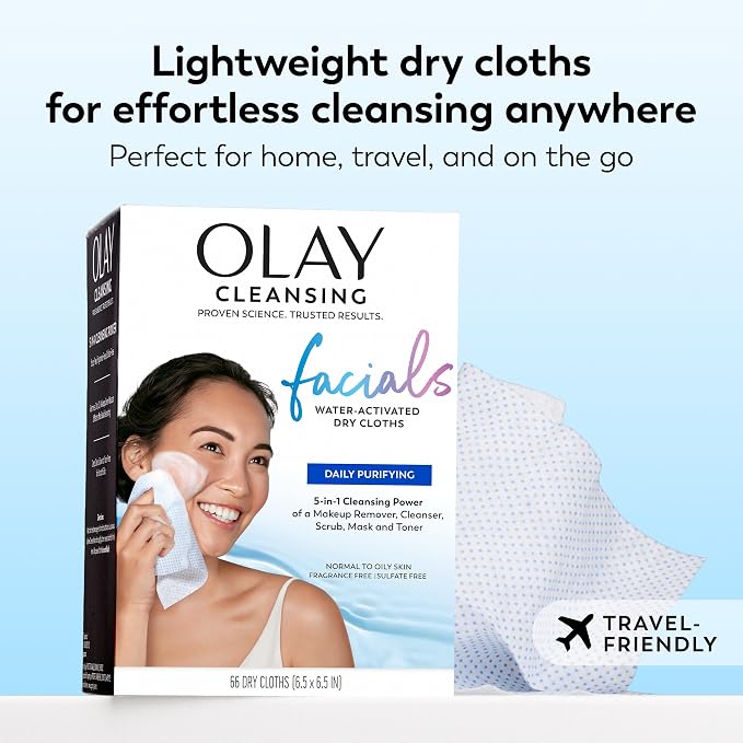 Olay Makeup Remover Wipes, Daily Facials Deep Clean Face Cleanser for Normal to Oily Skin, Alcohol & Fragrance Free, Soft Face Wash Towels, Travel Essentials for Women, Convenient Dry Cloths, 66 ct