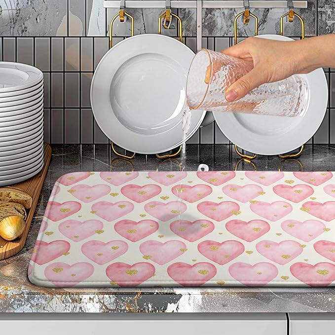 Valentines Dish Drying Mat Valentine Dishes Drying Pad Pink Golden Heart Love Absorbent Dish Dryer Matt for Kitchen Countertops Microfiber 18x24 Inches