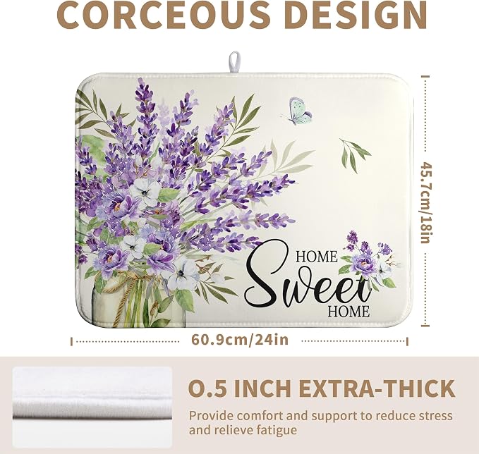 Spring Lavender Floral Dish Drying Mats Spring Summer Dish Mat Purple Flowers Butterfly Drying Matt Dishes Dryer Pad for Kitchen Counter Absorbent Microfiber Washable Foldable Reusable 18x24 in