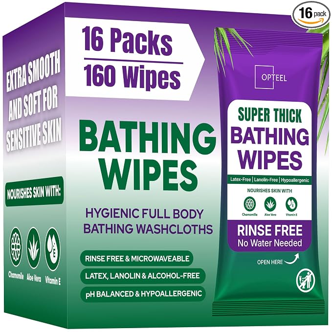 OPTEEL Super Thick Bath Shower Wipes, Softly Scented, Pre Moistened 160ct | Disposable, Extra-Large, Soft Cloths for Adult Bathing No-Rinse, Hypoallergenic, Aloe & Vitamin E, for Men, Women & Elderly