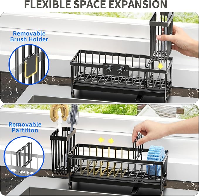 Moforoco Larger Version Sponge Holder for Kitchen Sink, Sink Caddy with High Brush Holder, Kitchen Sink Organizer Countertop Rustproof 304 Stainless Steel (Black with Towel Rack)