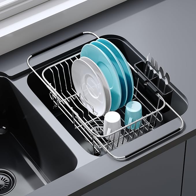 Apartment RV Small Dish Drainer Drying Rack Over The Sink In Stainless Steel for Narrow Kitchen, Counter Space Saving Compact Expandable Metal Dish Dryer Strainer, Adjustable Hanging Wire Drain Holder
