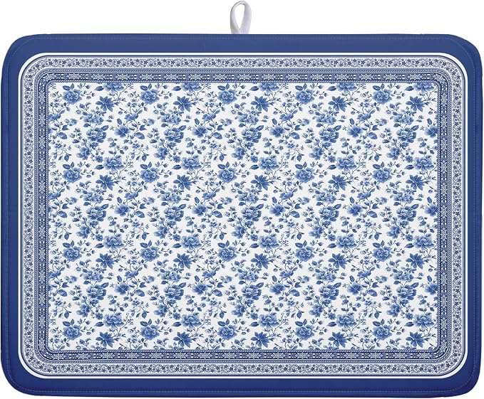Blue Floral Branches Dish Drying Mat for Kitchen Counter Chinoiserie Pattern Dish Drying Pad 18x24 In Absorbent Vintage Flowers Decor Dishes Drainer Pad Dish Dry Rack Mat for Counter Coffee Bar