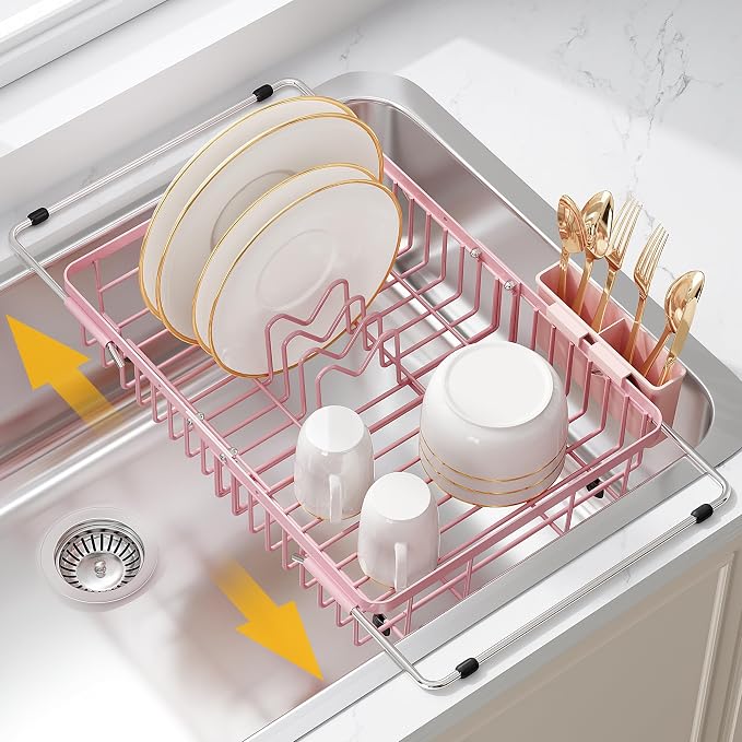 JASIWAY Expandable Stainless Steel Pink Dish Drying Rack Over The Sink for Small Kitchen, Counter Space Saving Compact Plate Drainer Strainer, Adjustable Hanging Metal Dish Dryer with Utensil Holder