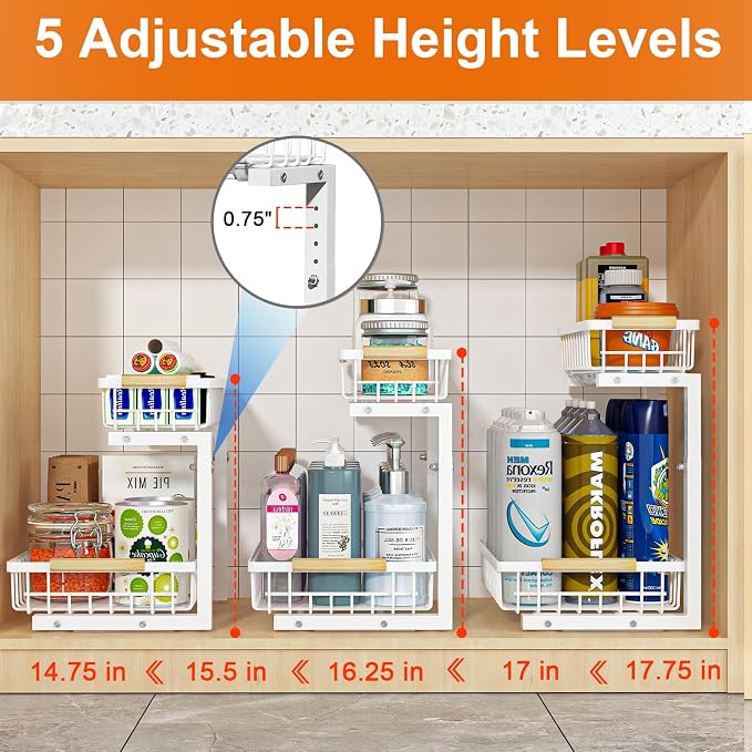 REALINN Under Sink Organizer, Height Adjustable Under Sink Organizers and Storage, 2 Tier Pull Out Drawer Cabinet Storage for Kitchen Bathroom, 1 Pack, White
