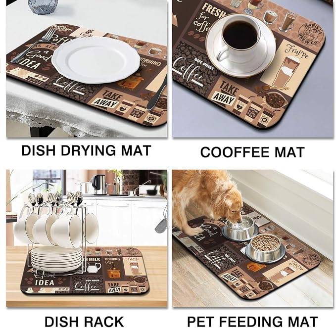 Dish Drying Mat 2-Pack in Coffee Bar for Kitchen Counter Dishes Mat | Diatom Mud Mats (18x24, 19.5x12"). Non-slip rubber back for kitchen counter, coffee bar & sink scenes