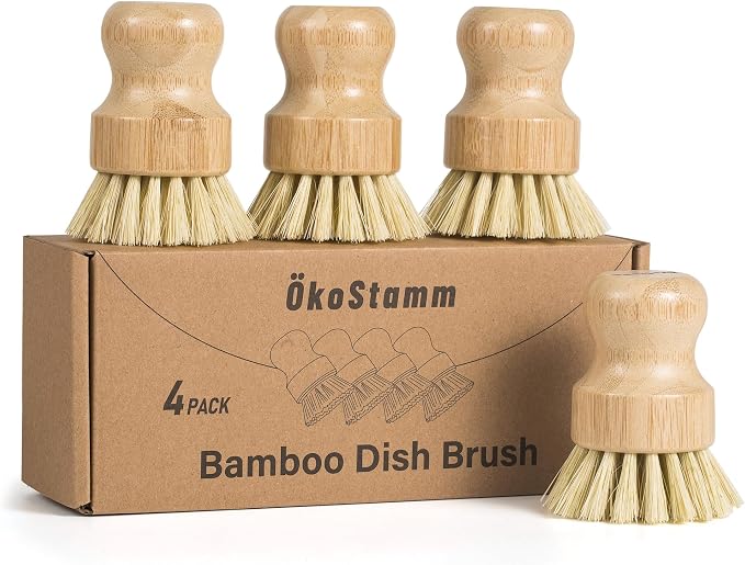 4 Pack Bamboo Dish Brush, Dish Scrubber Brush with Sisal Bristle, Natural Scrub Brush for Kitchen Cleaning Dishes, Pots, Pans, Bottles, Vegetables