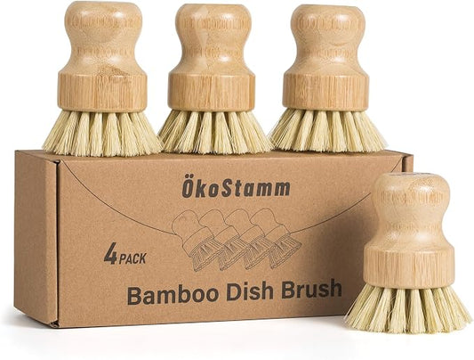 4 Pack Bamboo Dish Brush, Dish Scrubber Brush with Sisal Bristle, Natural Scrub Brush for Kitchen Cleaning Dishes, Pots, Pans, Bottles, Vegetables